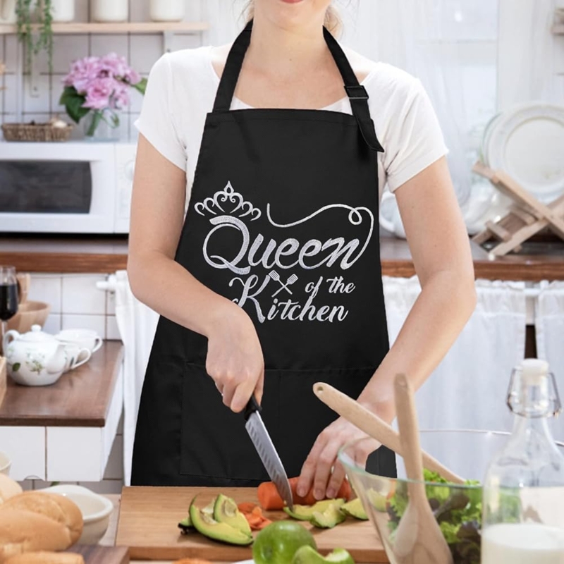 Queen of the Kitchen Apron, Black Graphic, Crown Motif, Adjustable