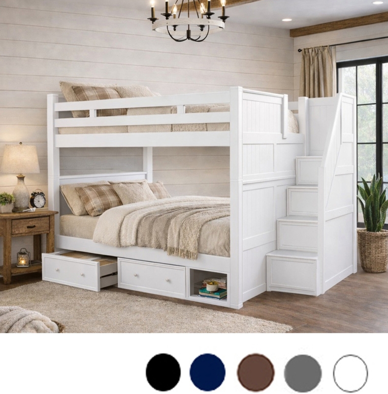 Queen Size Bunk Bed with Storage Stairs and Underbed Drawers