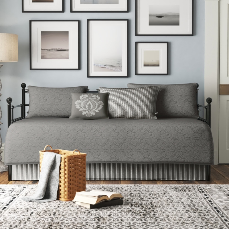 Quilted Grey Daybed Bedding Charcoal Scroll Pattern Transitional