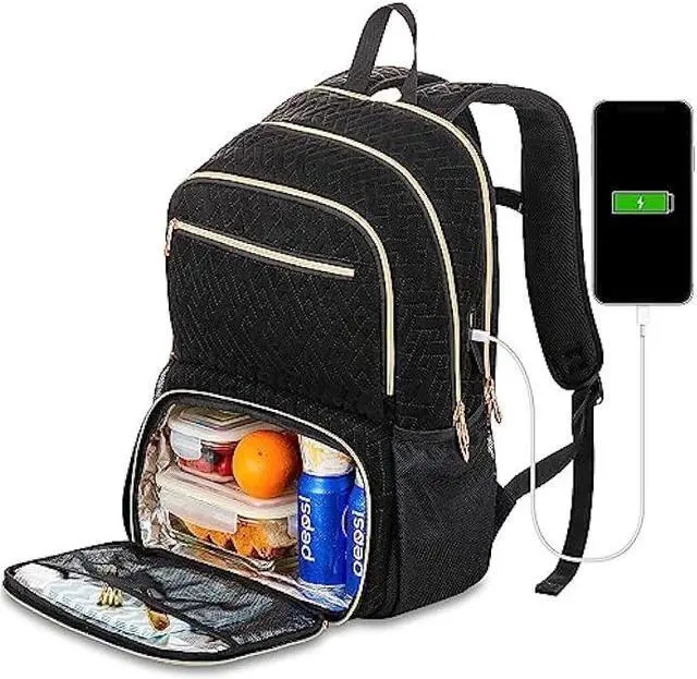 Quilted Laptop Backpack with USB Port and Insulated Lunch Compartment