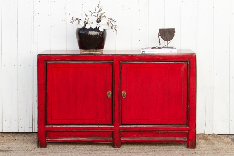Radiant Red Asian Buffet Cabinet Distressed Lacquer