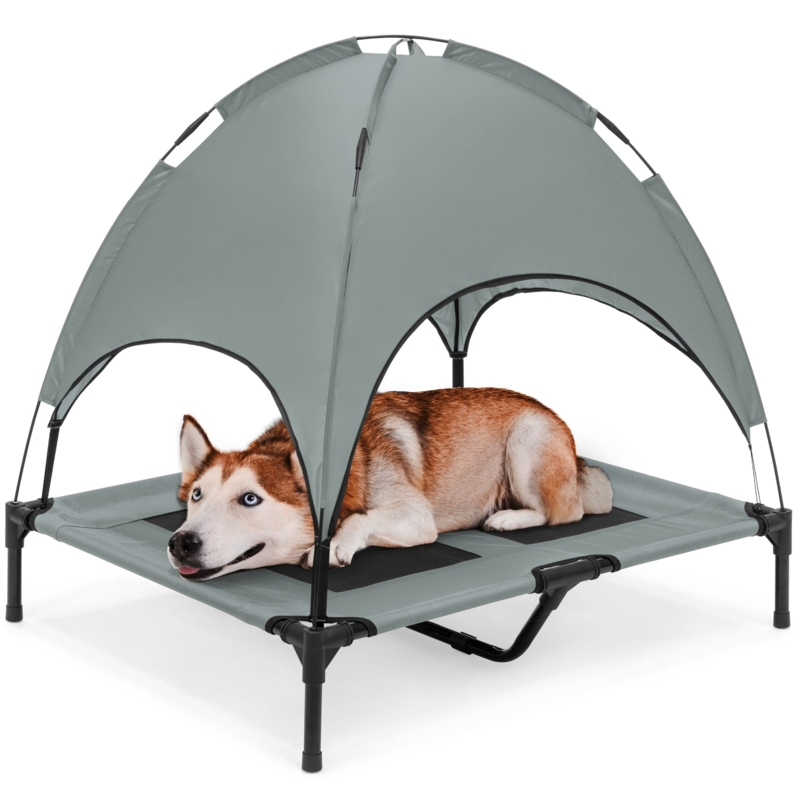 Raised Cooling Dog Bed for Outdoor Use with Arched Canopy and Mesh