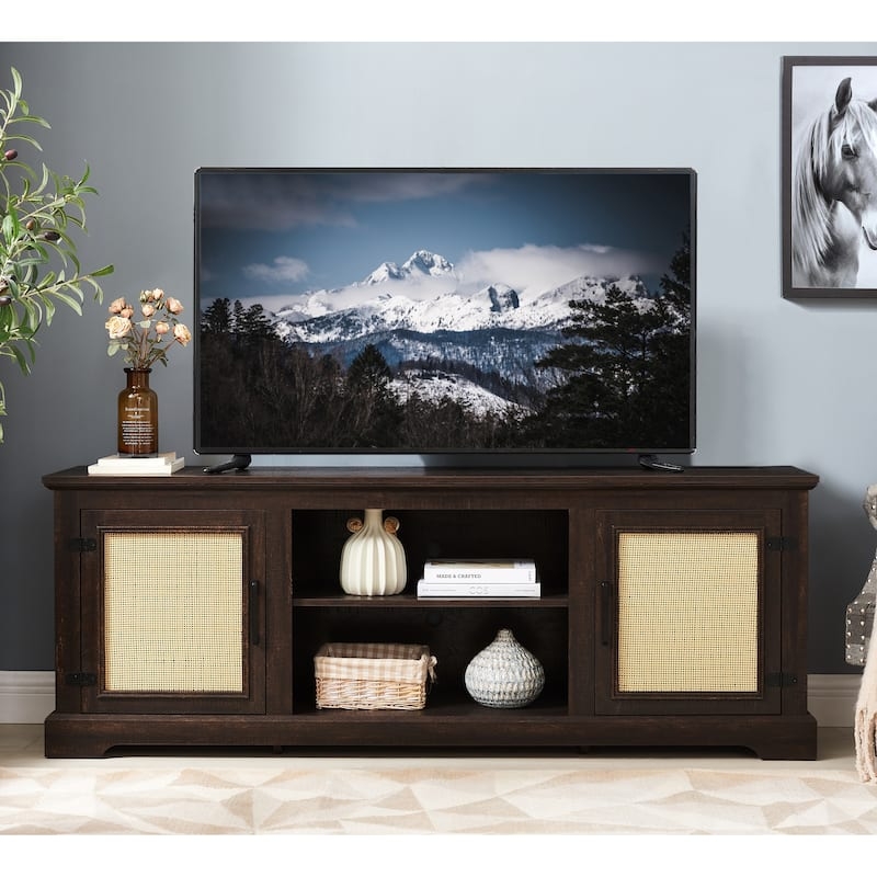 Rattan Door Media Console: Modern Country, Dark Wood, Open Shelving.
