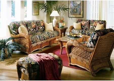 Rattan Furniture Set with Braided Frames and Tropical Print