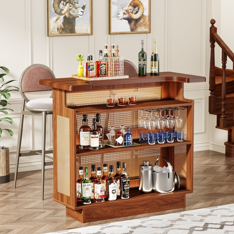 Rattan Home Bar Unit Farmhouse Style with Four Tier Shelf Storage