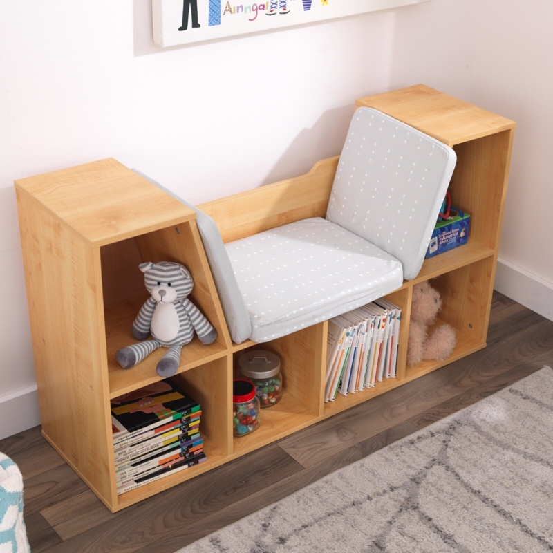 Reading Nook Bookcase featuring Polka Dot Upholstered Seating
