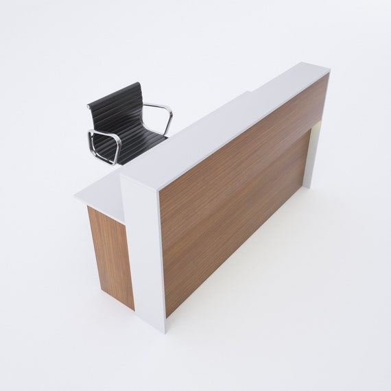 Reception Desk features L-Shaped White Surround and Walnut Panel