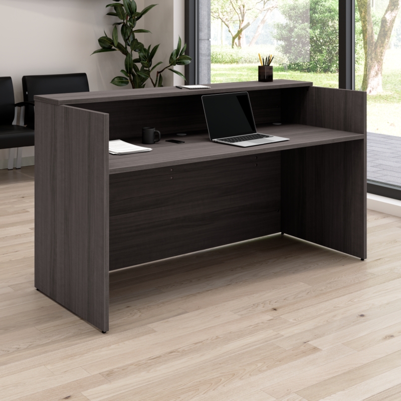Reception Desk with Charcoal Gray Wood Grain Finish and Shelf