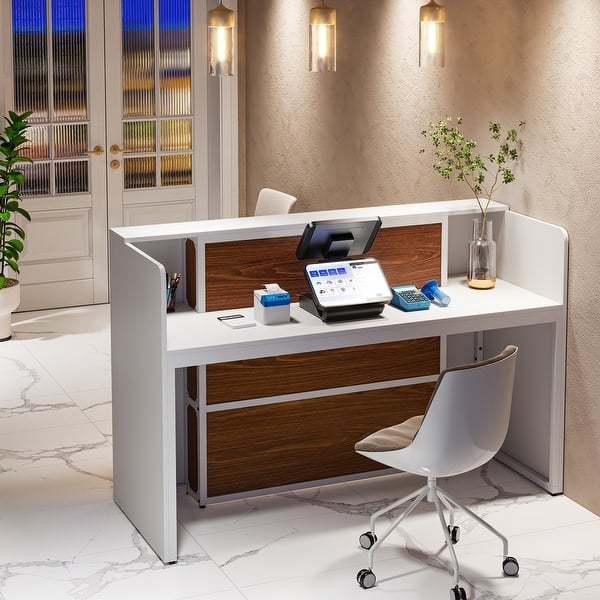 Reception Desk with Horizontal Wood Panels and LED Lighting