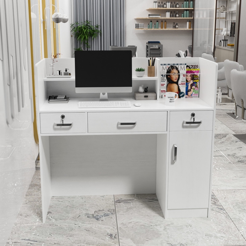 Reception Desk with Integrated Hutch and Magazine Rack