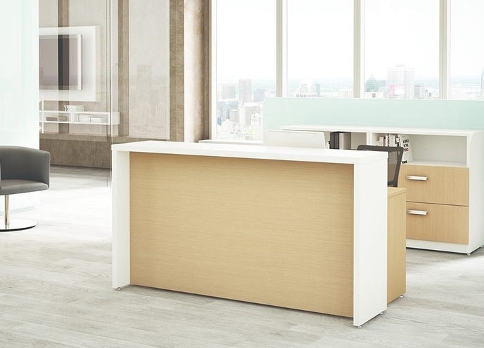 Reception Desk with Two-Tone Finish, White and Wood Grain Panel