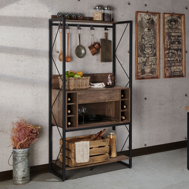 Reclaimed Oak Bakers Rack with Wine Bottle Storage and Hanging Hooks