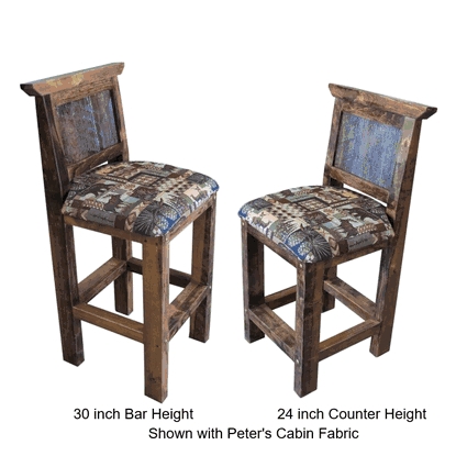 Reclaimed Wood Bar Stools with Cabin Print Fabric Padded Seats