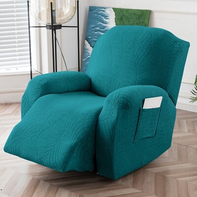 Recliner Chair Cover Teal Blue Leaf Jacquard Embossed Texture