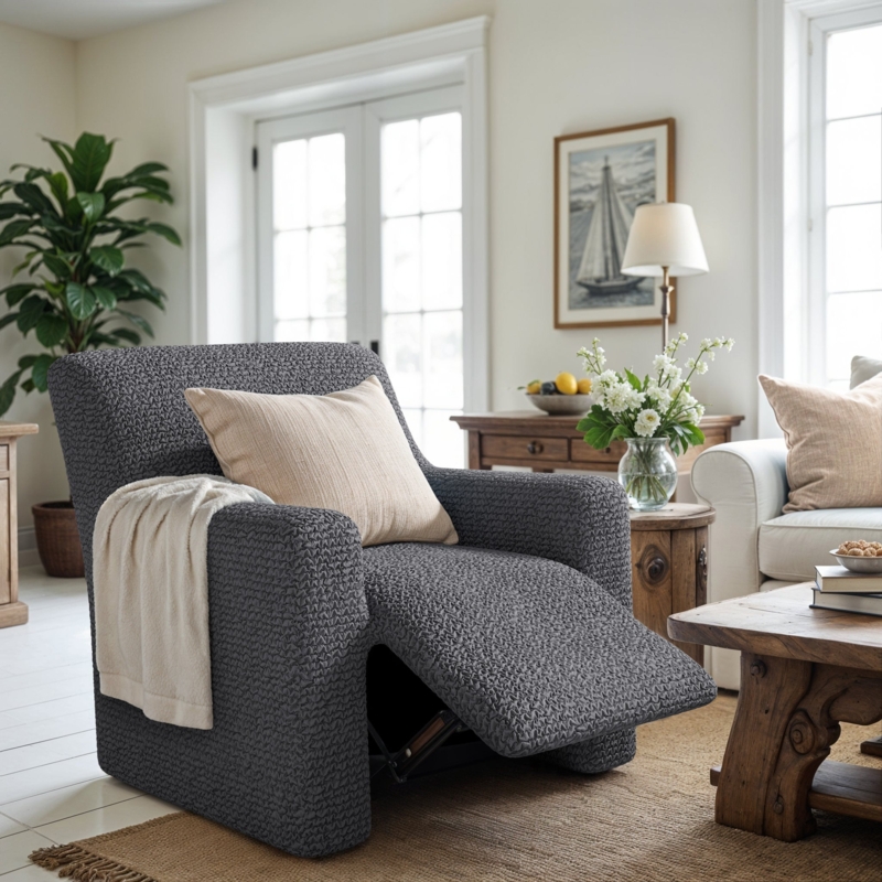 Recliner Chair Slipcover Charcoal Grey Waffle Knit Texture Stretch