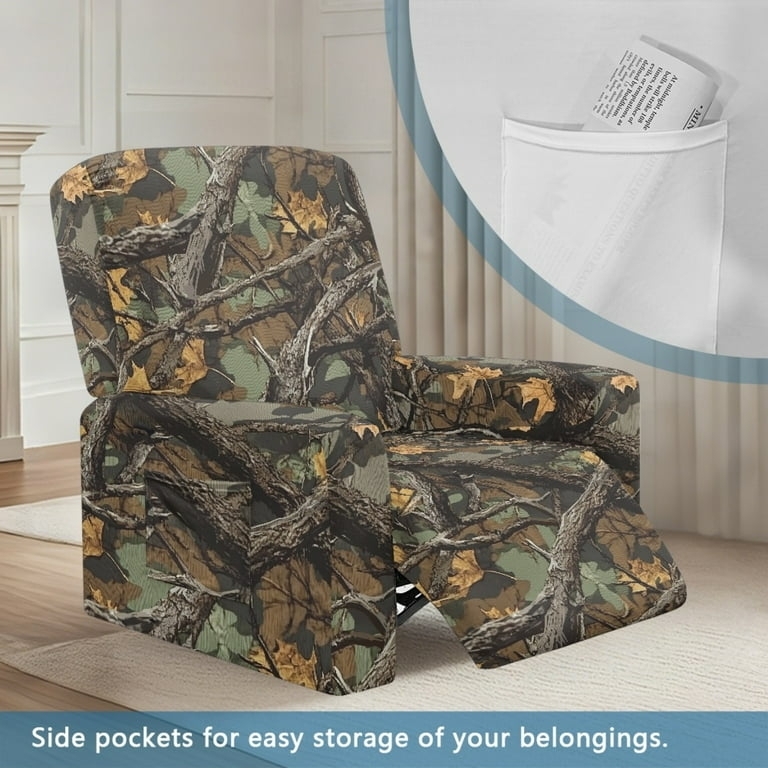 Recliner Cover: Camo Slipcover with Side Pockets and Leaf Pattern