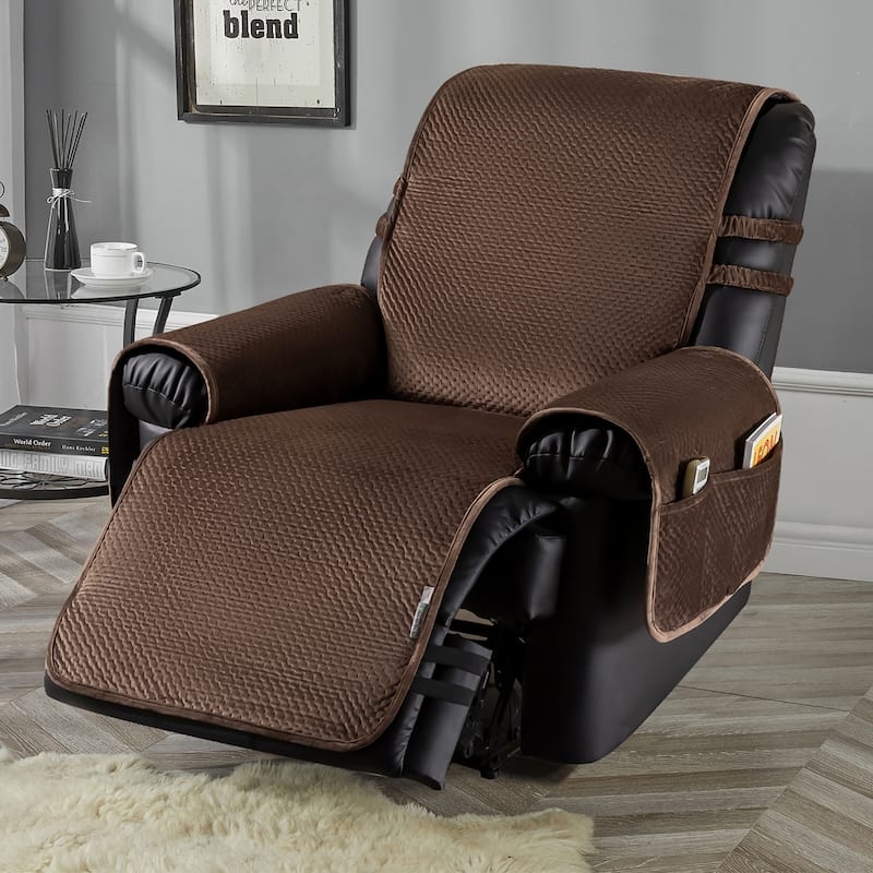 Recliner Cover Chocolate Brown Velvet-Like Quilted Non-Slip Straps