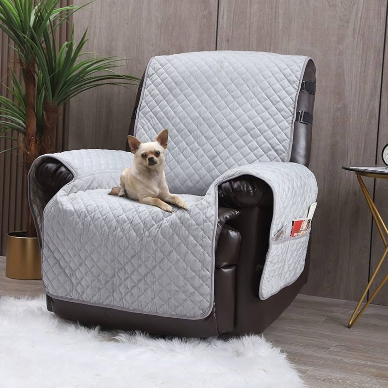 Recliner Cover Velvet-Like Grey with Diamond Stitching and Straps