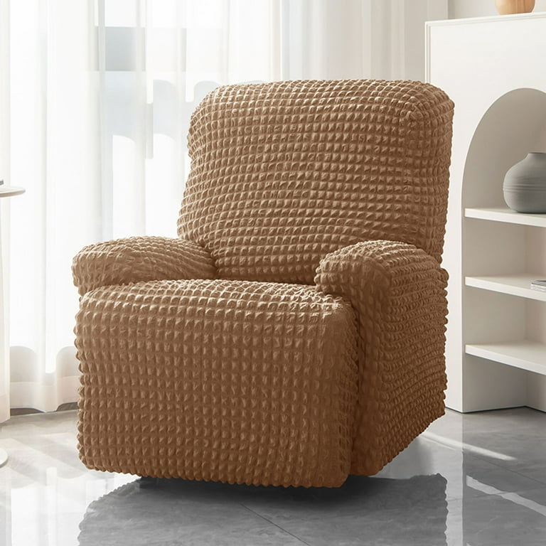 Recliner Slipcover Cognac Brown Bubble Plaid Texture Elastic Fit