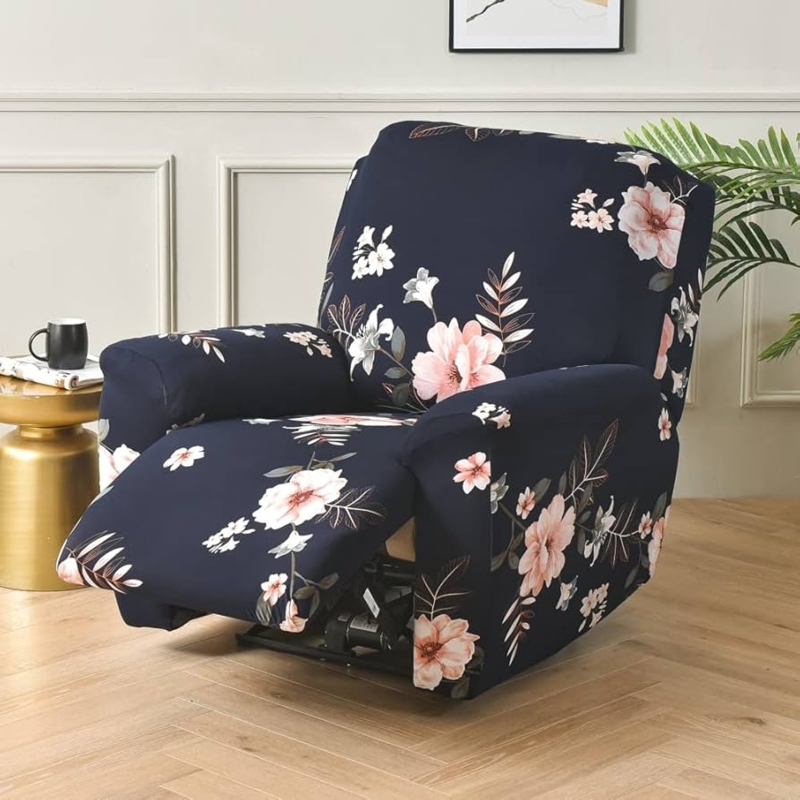 Recliner Slipcover Navy Floral Pattern Stretch Fit Chair Protector