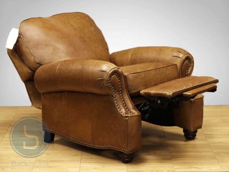 Reclining Armchair Saddle Leather Manual with Turned Feet & Nailheads