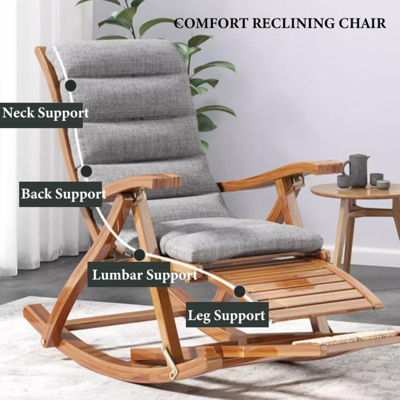 Reclining Rocker Ergonomic Heather Grey with Extendable Wooden Footrest
