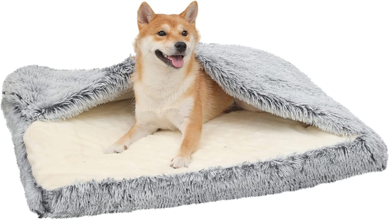 Rectangle Dog Bed with Attached Blanket Cover and Shaggy Faux Fur