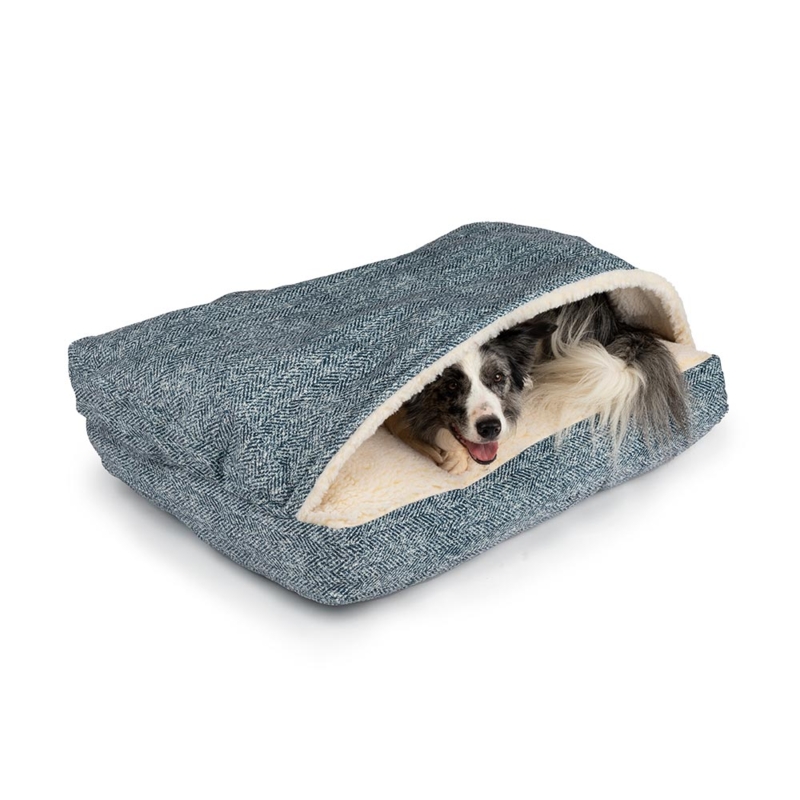 Rectangular Burrow Pet Bed in Indigo Blue Herringbone Weave