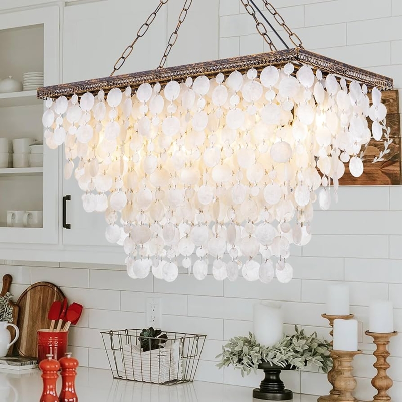 Rectangular Chandelier with Bronze Frame and Tiered Capiz Shells