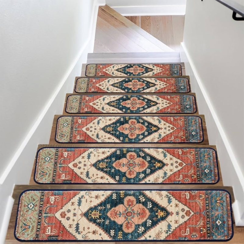 Rectangular Stair Treads, Rust Red Medallion Pattern, Non-Slip