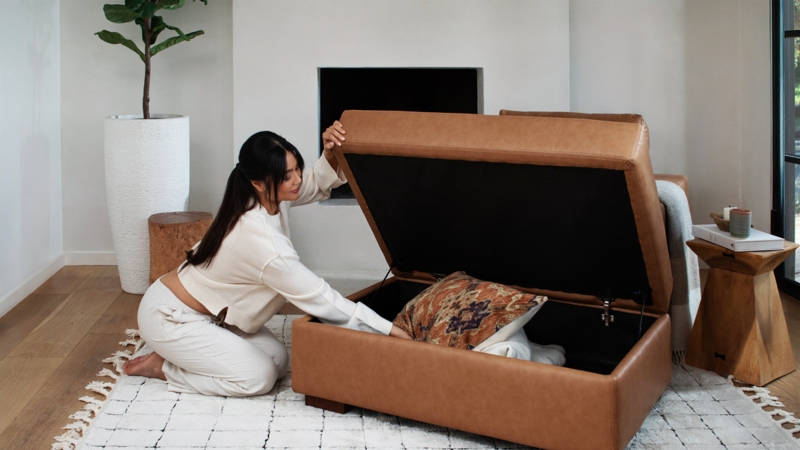 Rectangular Storage Ottoman Cognac Tan with Hinged Lift-Top Lid