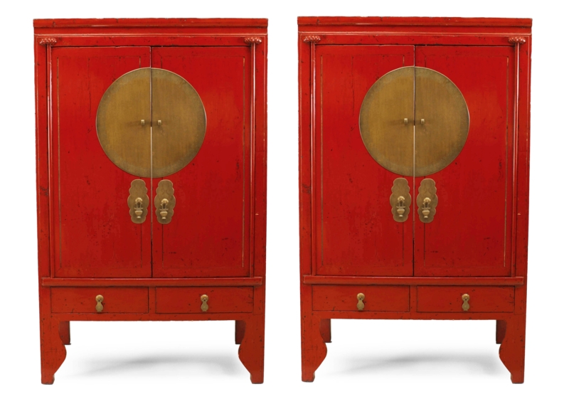 Red Lacquer Armoire Pair with Circular Brass Hardware