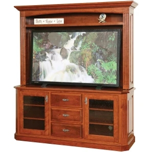 Reddish Brown Entertainment Hutch Fluted Pilasters Glass Cabinets