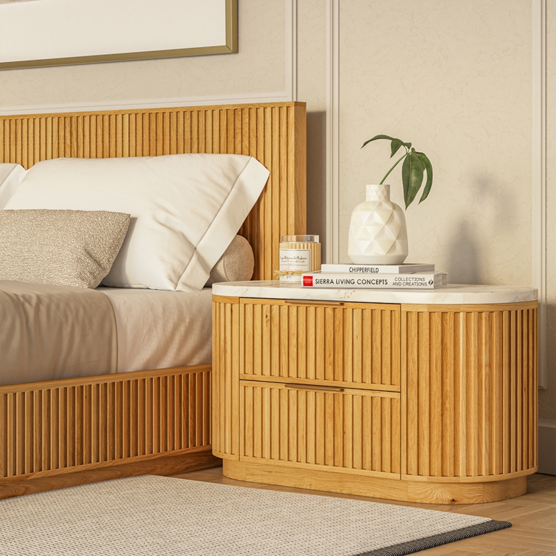 Reeded Wood Nightstand Curved Oak Modern Organic Marble Top