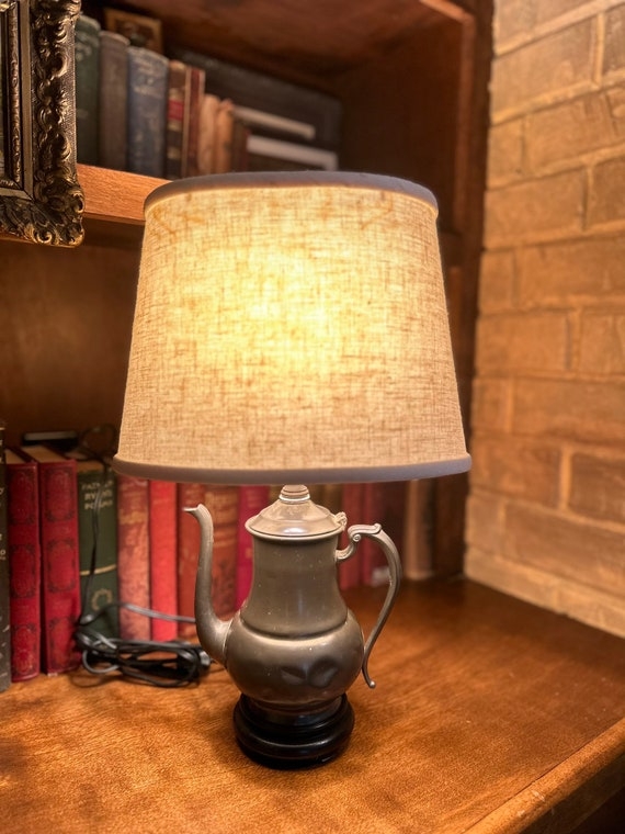 Repurposed Teapot Lamp in Matte Pewter with Linen Shade