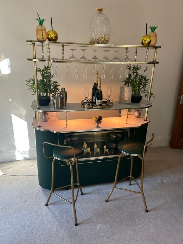 Retro Cocktail Bar Forest Green Upholstered with Gold Frame