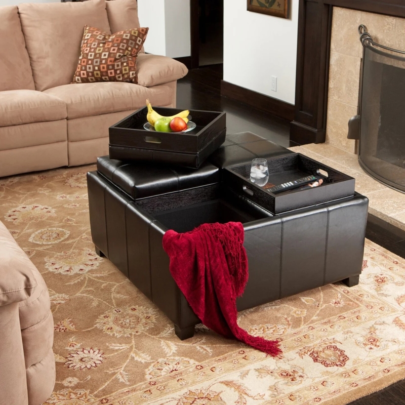 Reversible Tray Storage Ottoman with Built-in Handles in Espresso