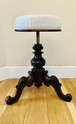 Revolving Piano Stool Victorian Walnut Scrolled Legs Braided Trim Tripod