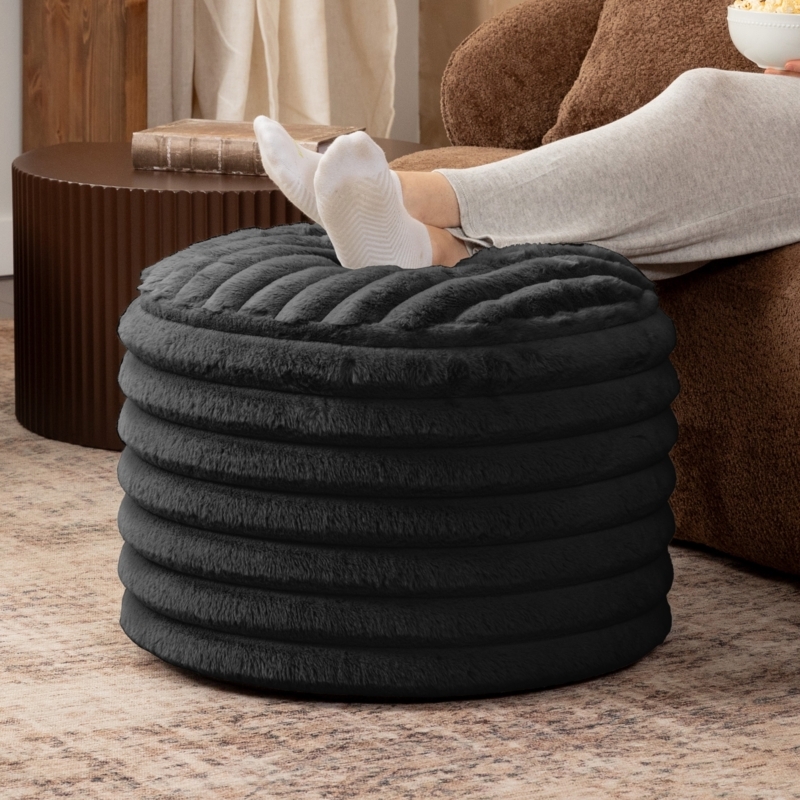 Ribbed Black Pouf Ottoman with Plush Faux Fur Channeled Texture