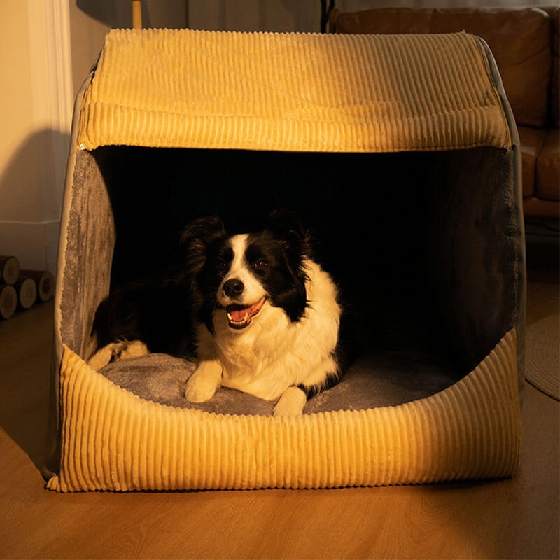 Ribbed Corduroy Dog Tent Bed in Mustard Yellow with Detachable Cover