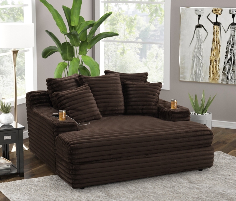 Ribbed Oversized Chaise Lounge with Integrated Cup Holders and Wide Arms