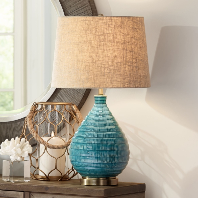 Ribbed Sky Blue Table Lamp, Linen Tapered Shade