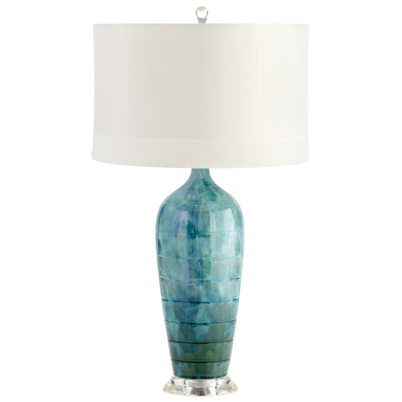 Ribbed Teal Ceramic Table Lamp, Crystal-Like Base
