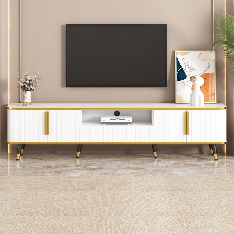 Ribbed TV Cabinet: Gold Trim Accents, Vertical Pull Handles, Glam Style.