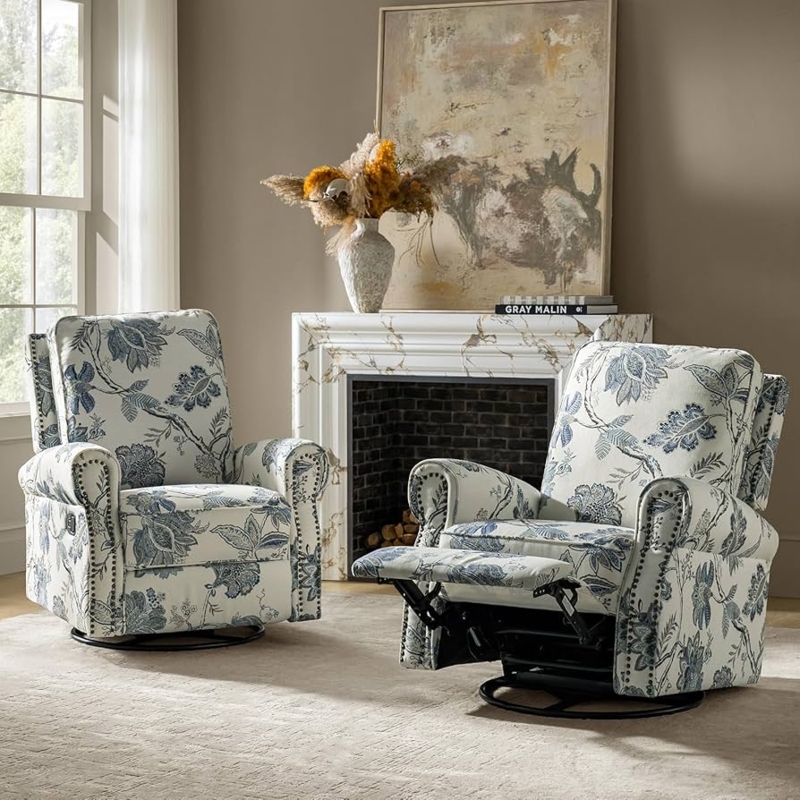 Rocker Recliner Blue Floral Print Nailhead Trim Swivel Base