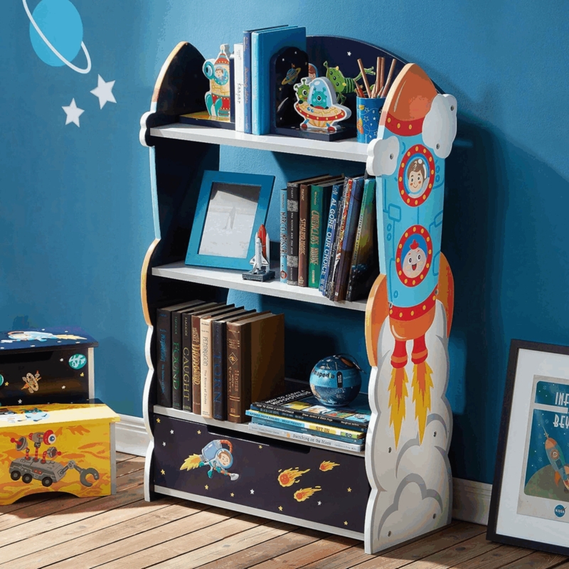 Rocket Ship Bookshelf with Space Themed Graphics and Drawer