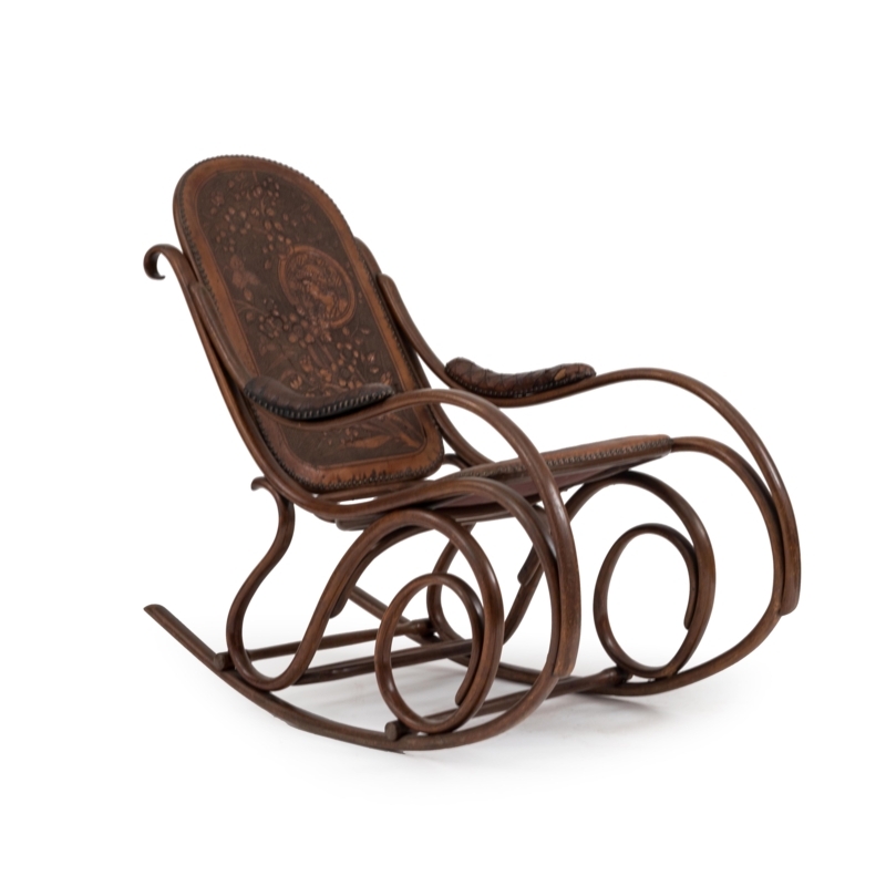 Rocking Chair: Antique Walnut Scroll Frame, Embossed Leather Accent Chair