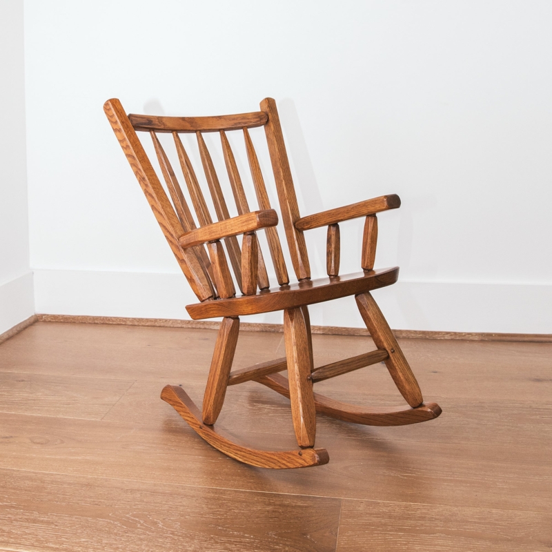 Rocking Chair Birdcage Spindle Back Warm Brown, Rustic Youth Rocker (71 chars)