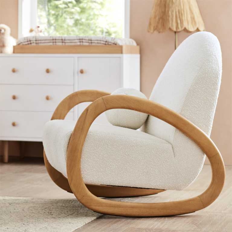 Rocking Chair Cream Boucle with Curved Wood Arms & Continuous Rocker