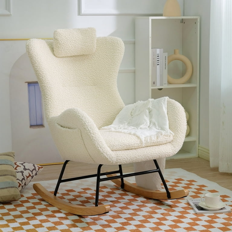 Rocking Chair Cream Teddy Fabric Wingback Design with Side Pocket